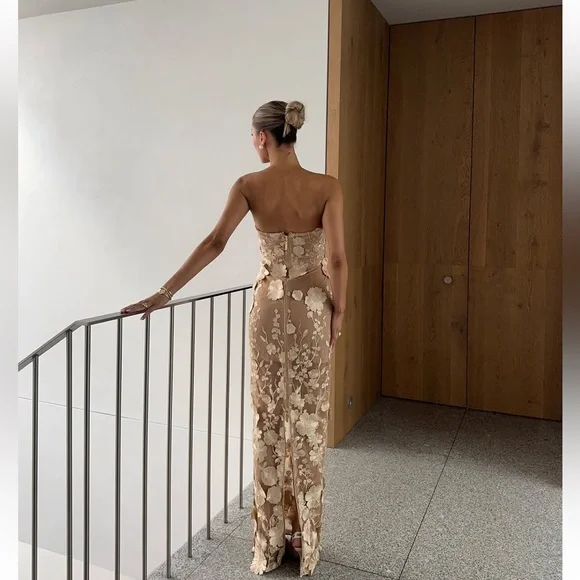 bronx and banco jasmine 3d floral applique lace strapless maxi dress gown XS NEW - Picture 6 of 17